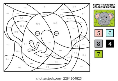 Elephant. Solve the problem, color the picture. Addition, Subtraction. Coloring book. Kawaii, cartoon, vector. Isolated vector illustration eps 10