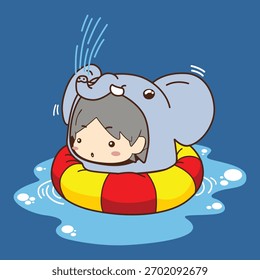 Elephant Splash Float – Linda caricatura EPS Clipart de niño en anillo de natación