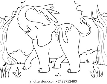 an elephant spraying water from its trunk
air to freshen himself up at the zoo. coloring book illustration for children