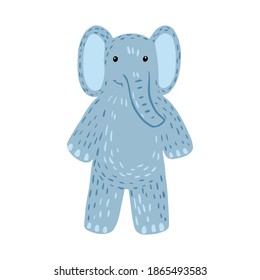 Elephant standing isolated on white background. Funny cartoon character color blue in doodle style vector illustration.