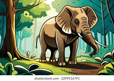 el elefante está parado en medio del bosque.