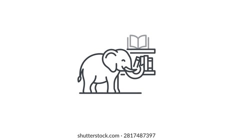 An elephant standing next to a bookshelf filled with books, symbolizing knowledge, learning, and wisdom. Clean line art style icon.