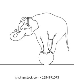 Elephant standing on a ball, continuous one line drawing, circus trick. Black and white sketch vector illustration.