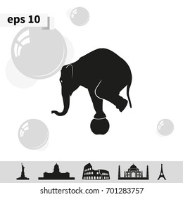 Elephant standing on a ball icon. Flat animal illustration.