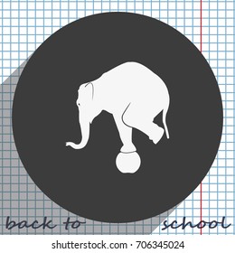 Elephant standing on a ball icon. Flat animal illustration.