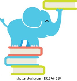 Elephant standing on books and balancing one on trunk