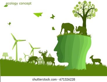 Elephant standing on human head,windmill and solar panels on the grass ,Environmentally friendly world. Vector illustration of ecology,concept human  protect the environment and The earth