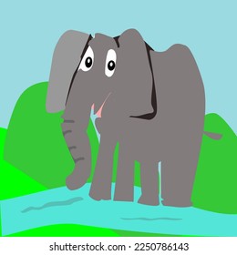 Elephant Standing On The Riverside Vector Illustration