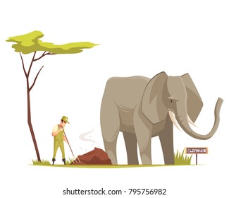 Elephant Standing Outdoor And Zoo Keeper At Work  Cleaning Territory Under Tree Cartoon Composition Vector Illustration 