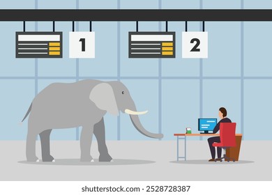 Um elefante fica curiosamente perto de um homem que trabalha em sua mesa no escritório em um dia cheio 2d ilustrações de vetor planas