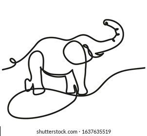 The elephant stands with the hoof raised. Vector isolated illustration on a white background with one solid line. Black white hand-drawn drawing. Animals of warm countries. Flora and fauna