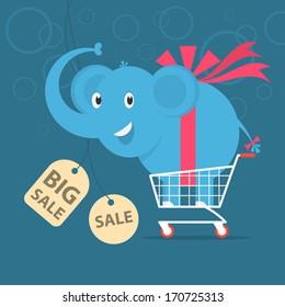 Elephant stands on shopping cart 