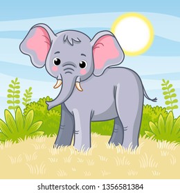 Elephant stands in the savannah. Vector illustration with cute animal. African animal in cartoon style.