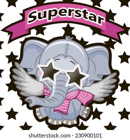 Elephant with star glasses on the background of stars 