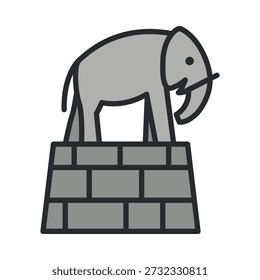 Elefantenstatue, die auf einem Ziegelsockel steht. Vektorgrafik. Objekt einzeln auf weißem Hintergrund. Stadt Wahrzeichen, Geschichte, Tourismus.