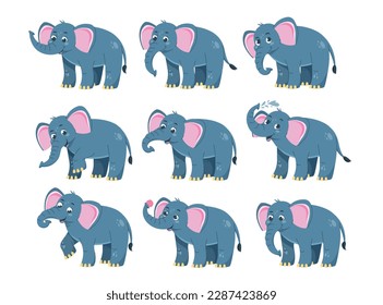 Elephant sticker set. Adorable smiling African animal with trunk. Baby elephant inhabitant of savanna or jungle. Wild mammal in zoo. Cartoon flat vector collection isolated on white background