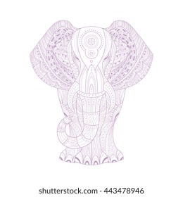 Elephant Stylised Doodle Zen Coloring Book Page Hand Drawn Vector Illustration In Trendy Sketch Style On White Background