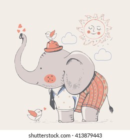 elephant in suit. hand drawn vector illustration/can be used for kid's or baby's shirt design/fashion print design/fashion graphic/t-shirt/kids wear