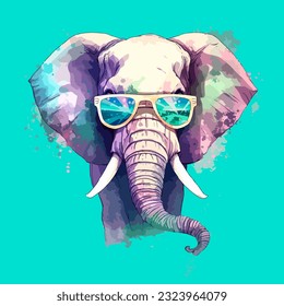 Elephant in sunglasses, vector illustration, summer background