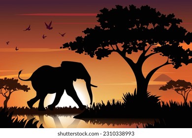 An elephant in the sunset with a sunset background