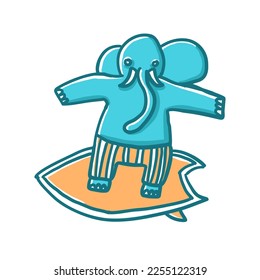Elephant surfer. Surfing. Vector illustrations in cartoon flat style isolated on white background.