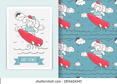 elephant surfing illustration doodle and seamless pattern background