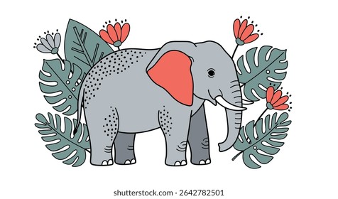 Elephant Surrounded by Exotic Floral and Foliage Rendered in Delicate Vector Style
