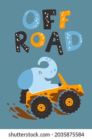 Un elefante en una camioneta en el barro con letras. Personaje de dibujos animados en un estilo infantil simple dibujado a mano. Ilustración vectorial en un fondo azul oscuro. Paleta colorida