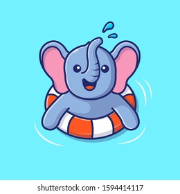 Elephant Swimming on Beach Vector Icon Illustration. Elephant And Swim Ring, Summer And Animal Icon Concept White Isolated. Flat Cartoon Style Suitable for Web Landing Page, Banner, Sticker, Backgroun