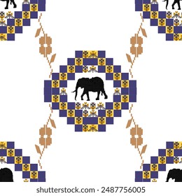 Elephant symbol: cross stitch. Geometric ethnic patterns. Design for sarees, patolas, saris, dupattas, and clothing.  Detailed Vector 
Illustration for Textile Print Design.
