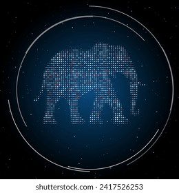 El símbolo del elefante está lleno de puntos blancos. Estilo de puntillismo. Algunos puntos son rojos. Ilustración vectorial sobre fondo azul con estrellas