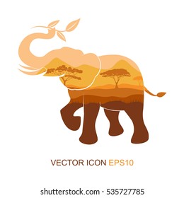 Elephant symbol.Vector illustration. elephant picture tea and sprigs. South nature. Silhouette of an elephant. Logo for tea. Flat icon.