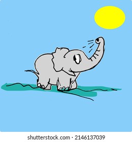 Elephant Taking Bath In The River Cartoon Vector Illustration