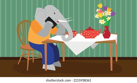 Elephant talking on the phone, sitting at the table for tea