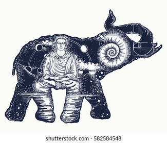 Elephant tattoo art. Symbol of spirituality, meditation, yoga, traveling. Buddha, ammonite, mountains. Magic elephant double exposure animals sacral style t-shirt design 