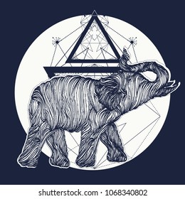 Elephant tattoo line art, dotwork sketch. Symbol of meditation, tourism, meditation 