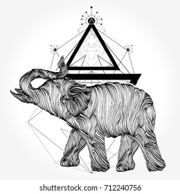 Elephant tattoo and t-shirt design. Symbol of meditation, tourism 