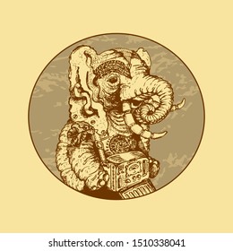 Elephant with tattoos, ammunition and a vintage dosimeter. The round image. Imitation of engraving. Diesel punk Sketch. Vector illustration