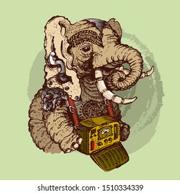 Elephant with tattoos, in steel ammunition and with a vintage dosimeter. Diesel punk Sketch. Vector graphics