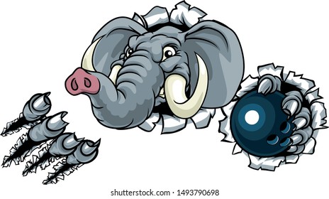 An elephant ten pin bowling sports animal mascot holding a ball and breaking through the background