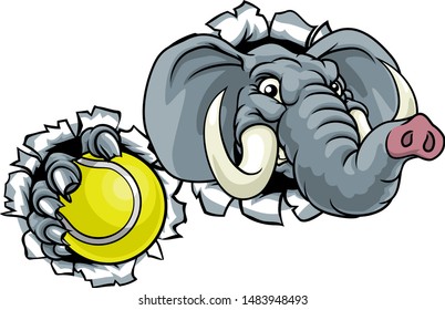 An elephant tennis sports animal mascot holding a ball and breaking through the background