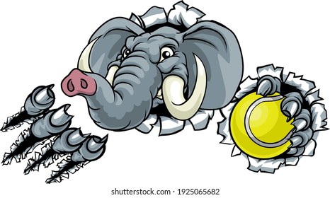 An elephant tennis sports animal mascot holding a ball and breaking through the background