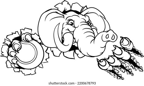 An elephant tennis sports animal mascot holding a ball and breaking through the background