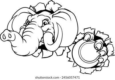 An elephant tennis sports animal mascot holding a ball and breaking through the background