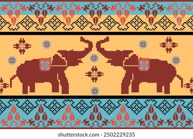 elephant  Thai pattern  pixel, Cross-Stitch Embroidery - Detailed Vector
Illustration for Textile Print Design