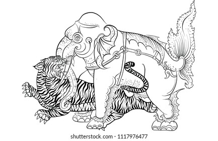 elephant in Thai traditional painting vector