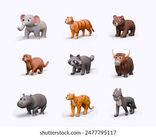 Elephant, tiger, bear, otter, raccoon, yak, hippopotamus, cheetah, wolf