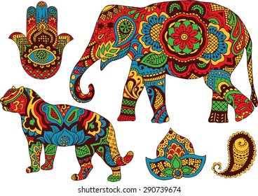 elephant, tiger, Butt and lotus, hand-painted in the style of mehendi