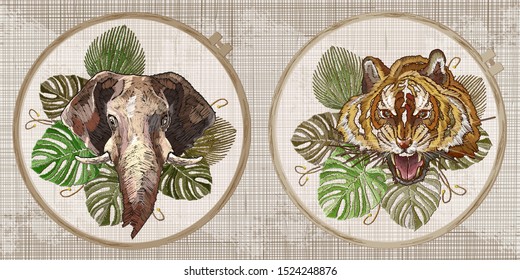 Elephant and tiger. Embroidery collection. Template tambour frame with a canvas, elements from stitches. Art for clothes 
