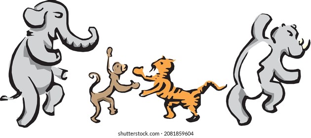 Elefante y tigres, un hermoso vector de juego
